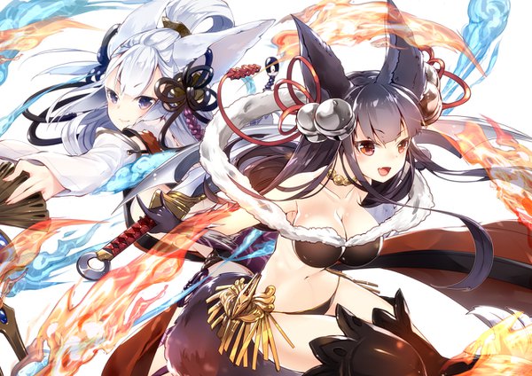 Anime picture 1281x906 with granblue fantasy yuel (granblue fantasy) socie (granblue fantasy) 218 long hair looking at viewer blush fringe breasts open mouth light erotic black hair simple background smile red eyes large breasts white background purple eyes bare shoulders multiple girls