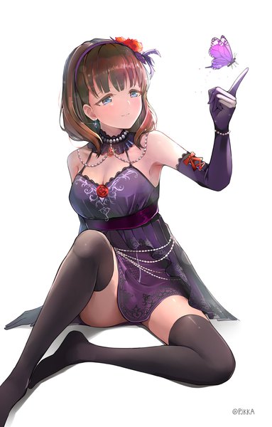 Anime picture 1308x2048 with idolmaster idolmaster cinderella girls sakuma mayu pjkka single tall image blush short hair breasts blue eyes light erotic simple background brown hair large breasts white background sitting signed looking away cleavage arm support