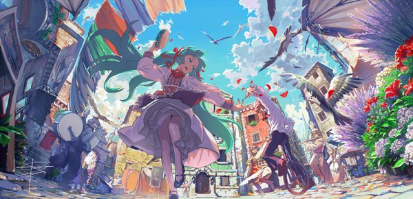 Anime picture 1680x813 with vocaloid hatsune miku geister single short hair wide image twintails green eyes pink hair sky cloud (clouds) very long hair green hair city landscape girl dress boy flower (flowers) ribbon (ribbons)