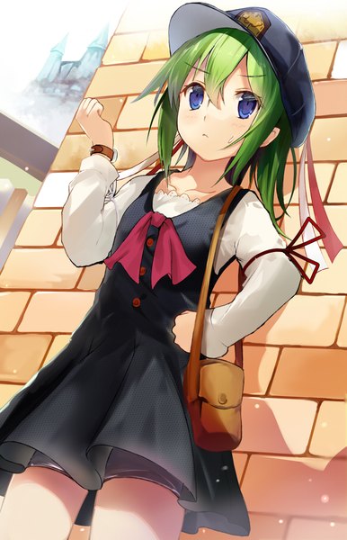 Anime picture 580x900 with touhou shikieiki yamaxanadu efe single long hair tall image blush fringe blue eyes hair between eyes outdoors green hair alternate costume hand on hip looking up serious casual brick wall contemporary girl