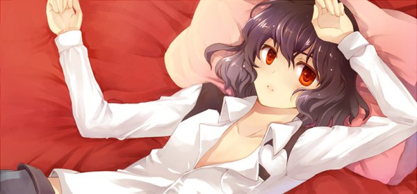 Anime picture 1290x600 with inazuma eleven go shindou takuto newpe short hair red eyes brown hair wide image lying open clothes open shirt boy pillow