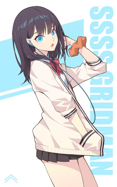 Anime-Bild 750x1200 mit gridman universe ssss.gridman studio trigger takarada rikka nian (zhanian) single long hair tall image looking at viewer open mouth blue eyes black hair copyright name adjusting hair hand in pocket wrist scrunchie girl skirt uniform school uniform