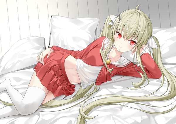 Anime picture 1500x1060 with original ronopu single long hair blush fringe blonde hair smile hair between eyes red eyes twintails looking away indoors lying long sleeves pleated skirt pointy ears midriff on side head rest