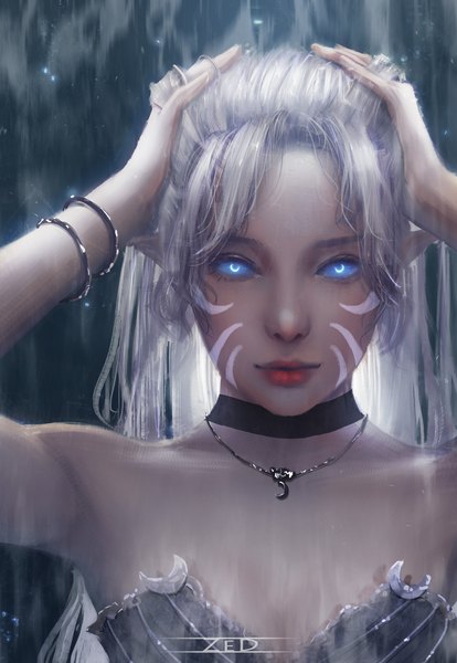 Anime picture 1616x2339 with original zed single long hair tall image looking at viewer fringe bare shoulders silver hair lips pointy ears realistic sparkle armpit (armpits) glowing watermark symbol-shaped pupils glowing eye (eyes) fantasy hands on head