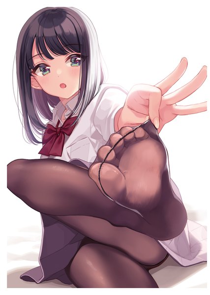 Anime picture 2278x3200 with original shigure ui single long hair tall image blush fringe highres open mouth light erotic black hair simple background white background sitting green eyes looking away blunt bangs pleated skirt multicolored hair fingernails