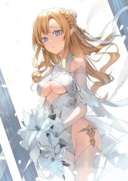 Anime picture 724x1023 with original fuu kotora single long hair tall image looking at viewer fringe breasts blue eyes light erotic blonde hair large breasts standing bare shoulders holding signed payot braid (braids) hair flower pointy ears