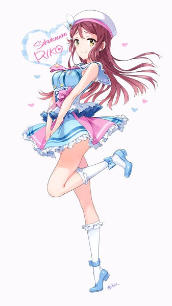 Anime picture 583x1037 with love live! sunshine!! sunrise (studio) love live! sakurauchi riko tiv single long hair tall image looking at viewer blush fringe breasts simple background smile standing white background yellow eyes full body red hair legs