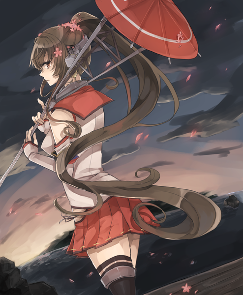 Anime picture 1202x1459 with kantai collection yamato super battleship chibirisu single long hair tall image fringe hair between eyes brown hair bare shoulders holding brown eyes cloud (clouds) outdoors ponytail profile pleated skirt looking back hair flower from behind