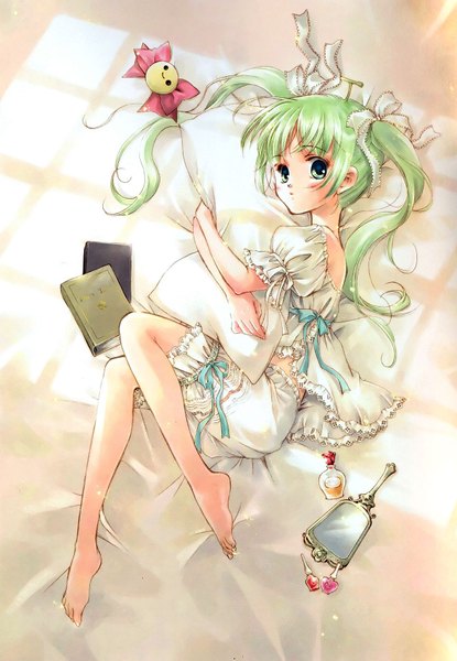 Anime picture 1176x1699 with melonbooks melon-chan minakami kaori long hair tall image blush twintails green eyes lying barefoot green hair girl bow ribbon (ribbons) pillow book (books) pajamas mirror