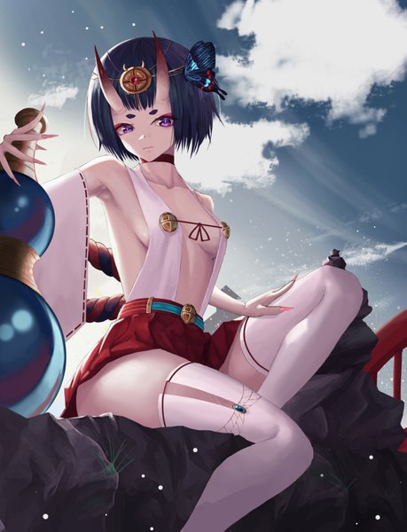 Anime picture 2709x3541 with fate (series) fate/grand order shuten douji (fate) nekobell single tall image looking at viewer fringe highres short hair breasts light erotic sitting purple eyes bare shoulders sky purple hair cloud (clouds) bent knee (knees) outdoors