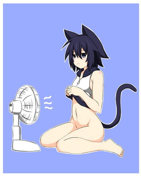 Anime-Bild 2000x2500 mit original shikniful single tall image blush fringe highres short hair blue eyes light erotic simple background sitting bare shoulders animal ears blue hair looking away tail animal tail open clothes bare belly