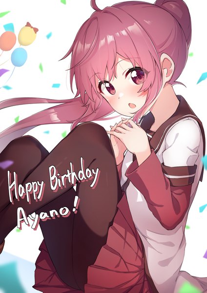 Anime picture 1157x1637 with yuru yuri doga kobo sugiura ayano pizza (pizzania company) single long hair tall image looking at viewer blush open mouth sitting pink hair ahoge ponytail pleated skirt pink eyes :o character names happy birthday interlocked fingers