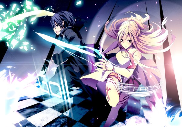 Anime picture 1771x1240 with sword art online a-1 pictures yuuki asuna kirigaya kazuto merontomari long hair highres short hair open mouth black hair brown hair yellow eyes girl boy skirt weapon miniskirt sword cloak