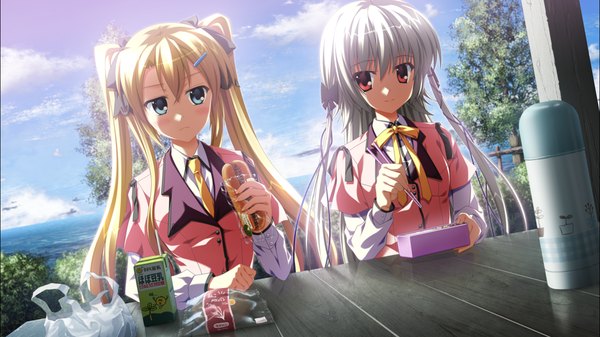 Anime picture 1278x718 with supipara amano angeline hotaru kamishiro alice nanao naru long hair blue eyes blonde hair red eyes wide image twintails multiple girls game cg silver hair girl uniform 2 girls school uniform food obento