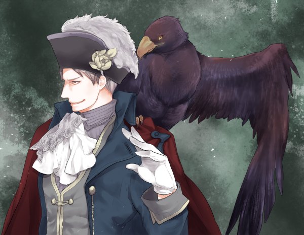 Anime picture 1200x926 with axis powers hetalia studio deen prussia (hetalia) single short hair smile grey hair boy gloves uniform flower (flowers) hat animal bird (birds) feather (feathers) military uniform eagle