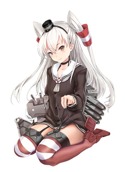 Anime picture 1000x1369 with kantai collection amatsukaze destroyer rensouhou-kun infinote single long hair tall image looking at viewer blush simple background white background sitting brown eyes silver hair head tilt two side up girl thighhighs dress hat