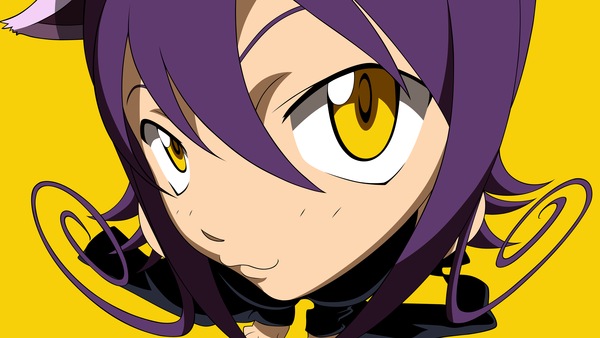 Anime picture 3550x2000 with soul eater studio bones blair cutenotpedo (artist) single looking at viewer highres simple background wide image animal ears yellow eyes cat girl close-up face vector yellow background girl