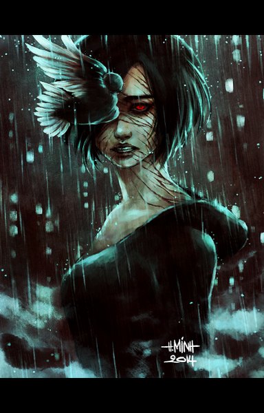 Anime picture 800x1250 with original nanfe single tall image looking at viewer fringe short hair black hair red eyes signed lips hair over one eye letterboxed rain girl animal bird (birds)