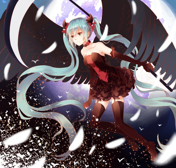 Anime picture 2100x2000 with vocaloid hatsune miku lan jue single long hair blush highres smile twintails looking away cleavage very long hair aqua eyes aqua hair night black wings girl thighhighs dress gloves