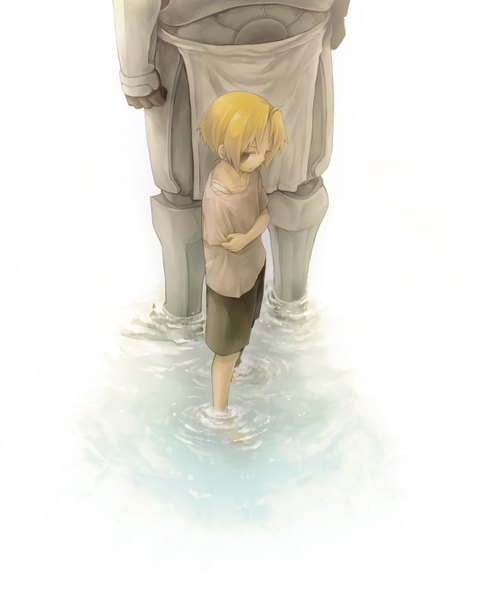 Anime picture 1122x1401 with fullmetal alchemist studio bones edward elric alphonse elric k z (pixiv) tall image short hair blonde hair white background brown eyes siblings brothers amputee boy water armor apron bandage (bandages) t-shirt child (children)