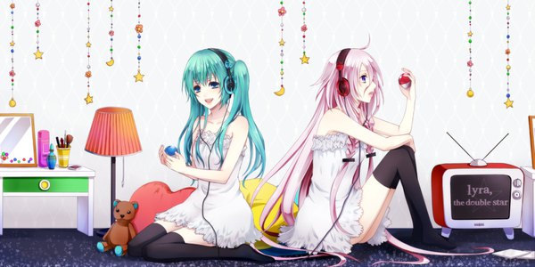 Anime picture 1500x750 with vocaloid hatsune miku ia (vocaloid) yamaneko514 long hair open mouth blue eyes wide image sitting twintails bare shoulders multiple girls pink hair very long hair profile aqua eyes aqua hair wariza girl thighhighs