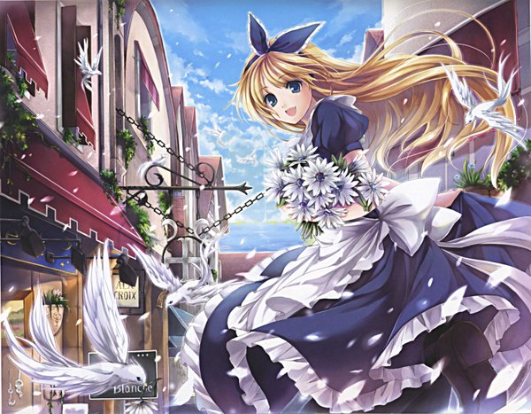 Anime picture 6282x4895 with alice in wonderland alice (wonderland) hagiwara rin long hair looking at viewer highres open mouth blue eyes blonde hair absurdres sky cloud (clouds) maid city happy girl dress uniform flower (flowers) animal