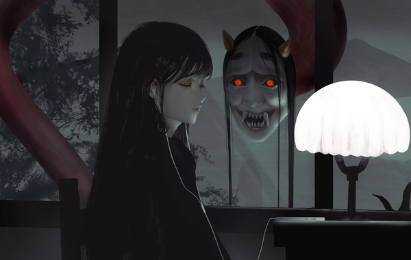 Anime picture 3300x2091 with original aoi ogata single long hair fringe highres black hair absurdres upper body indoors eyes closed profile demon grey skin girl headdress mobile phone smartphone wire (wires) lamp
