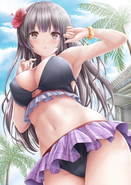 Anime picture 1064x1500 with touhou houraisan kaguya akino irori single long hair tall image looking at viewer blush fringe breasts light erotic black hair brown eyes sky cleavage cloud (clouds) outdoors blunt bangs parted lips hair flower