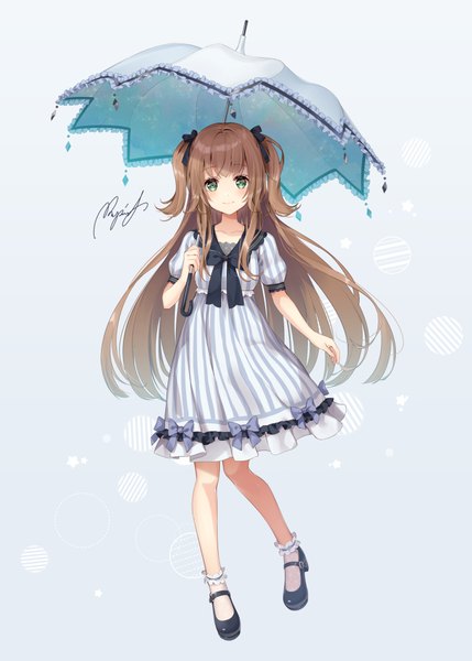 Anime picture 1501x2100 with original rupinesu single long hair tall image looking at viewer blush fringe simple background smile brown hair standing holding green eyes signed payot full body bent knee (knees) grey background high heels