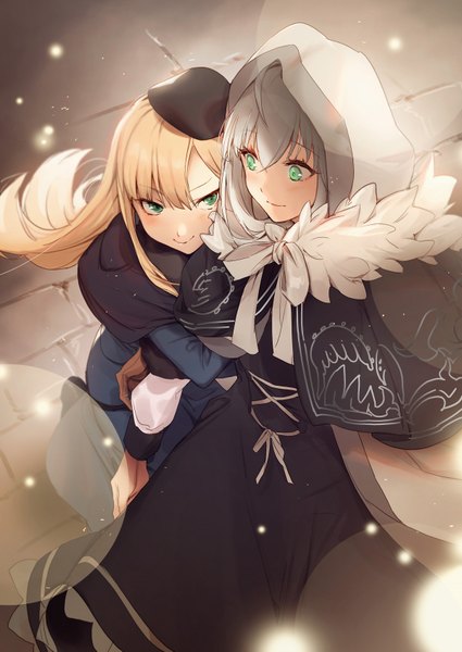 Anime picture 1200x1693 with fate (series) fate/grand order lord el-melloi ii case files reines el-melloi archisorte gray (fate) no-kan long hair tall image blush fringe short hair blonde hair smile hair between eyes standing multiple girls green eyes ahoge long sleeves from above