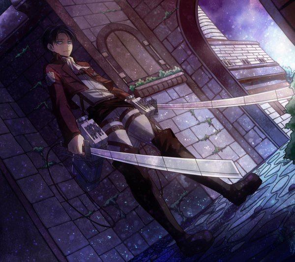 Anime picture 1440x1280 with shingeki no kyojin production i.g levi (rivaille) angel31424 single short hair blue eyes brown hair holding looking away dual wielding boy weapon sword jacket boots belt thigh strap pants knee boots
