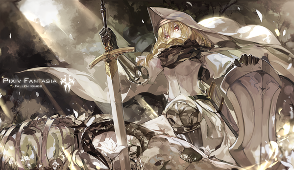 Anime picture 2000x1161 with original pixiv fantasia pixiv fantasia fallen kings saberiii single looking at viewer highres red eyes wide image braid (braids) skeleton logo girl weapon plant (plants) petals sword tree (trees) armor hood