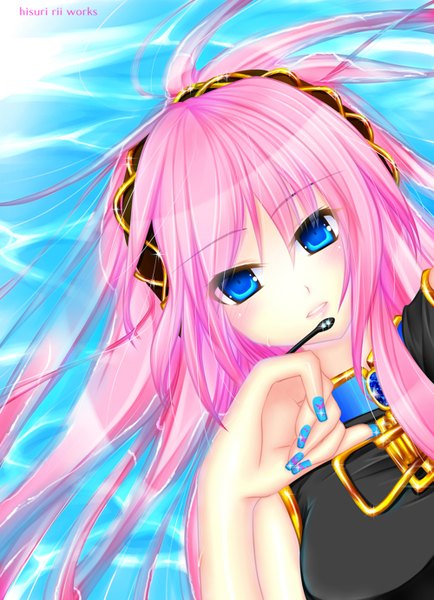 Anime picture 1000x1380 with vocaloid megurine luka hisuri (artist) single long hair tall image blush blue eyes pink hair nail polish lips girl water jewelry microphone