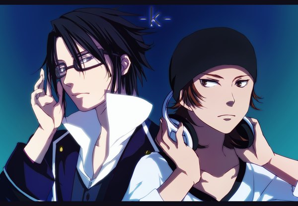 Anime picture 1800x1250 with k-project gohands (studio) fushimi saruhiko misaki yata looking at viewer highres short hair black hair brown hair multiple boys open collar headphones around neck boy glasses headphones 2 boys cap