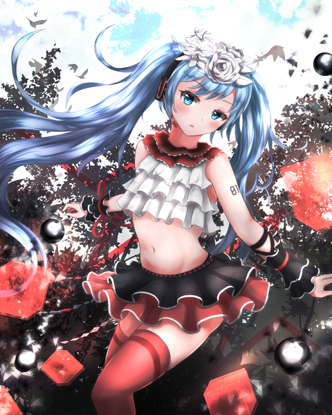 Anime picture 1280x1600 with project diva vocaloid nisoku hokou (vocaloid) hatsune miku absent single long hair tall image looking at viewer blush fringe light erotic standing twintails payot sky cloud (clouds) outdoors head tilt aqua eyes