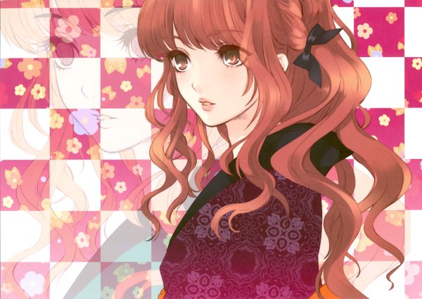 Anime picture 3481x2468 with original itou noiji single long hair blush highres open mouth brown hair brown eyes looking away absurdres red hair traditional clothes japanese clothes zoom layer checkered checkered background girl flower (flowers) bow