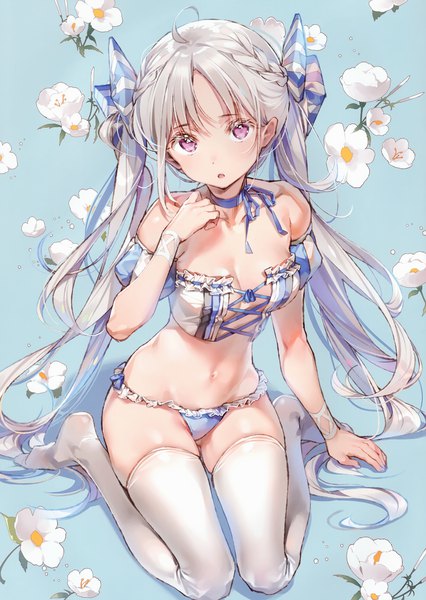 Anime picture 2433x3427 with original dsmile single tall image looking at viewer blush fringe highres breasts open mouth light erotic simple background sitting twintails purple eyes bare shoulders cleavage silver hair nipples full body