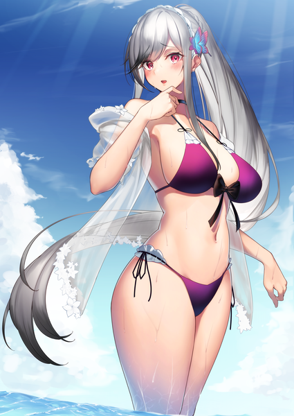 Anime picture 4299x6071 with azur lane dunkerque (azur lane) dunkerque (summer sucre) (azur lane) yamanokami eaka single tall image looking at viewer blush fringe highres breasts open mouth light erotic hair between eyes red eyes large breasts standing payot absurdres sky