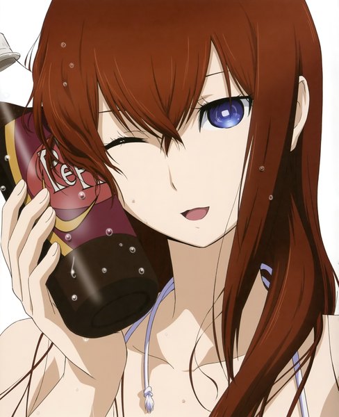 Anime picture 2854x3508 with steins;gate white fox dr pepper makise kurisu long hair tall image highres open mouth blue eyes brown hair one eye closed wink girl