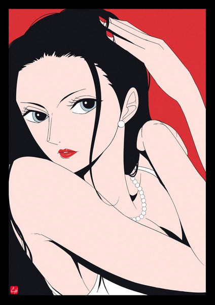 Anime picture 1448x2048 with one piece toei animation nico robin chris re5 single long hair tall image looking at viewer breasts blue eyes light erotic black hair simple background large breasts signed payot cleavage upper body nail polish parted lips
