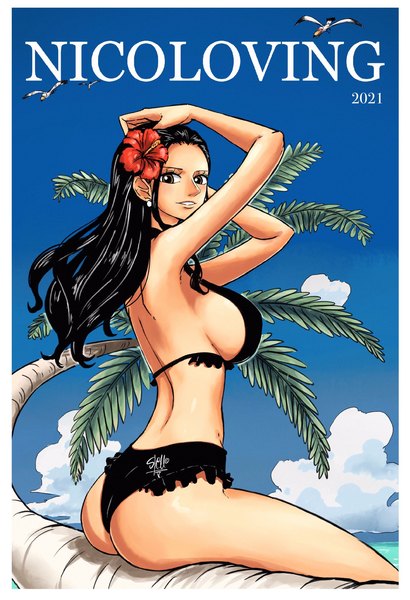 Anime picture 1400x2048 with one piece toei animation nico robin sherumaru (korcht06) single long hair tall image looking at viewer breasts light erotic black hair large breasts sitting brown eyes signed sky cloud (clouds) outdoors ass parted lips