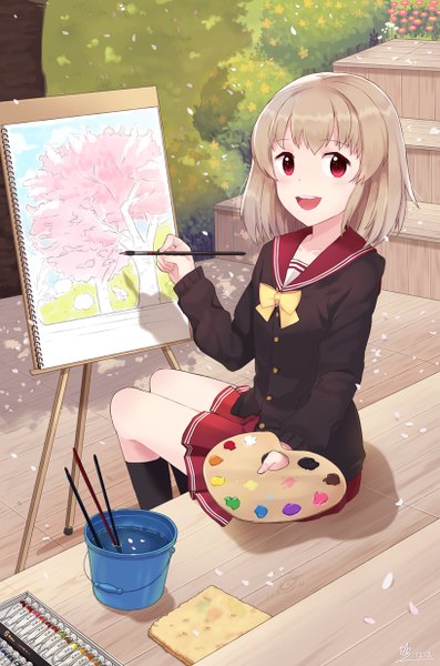 Anime picture 818x1236 with original minari single tall image short hair open mouth red eyes sitting grey hair girl skirt uniform flower (flowers) plant (plants) petals tree (trees) socks serafuku black socks paintbrush