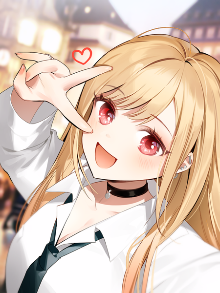 Anime picture 800x1067 with sono bisque doll wa koi wo suru cloverworks kitagawa marin mannermana single long hair tall image looking at viewer open mouth blonde hair red eyes upper body :d piercing victory ear piercing self shot girl uniform school uniform