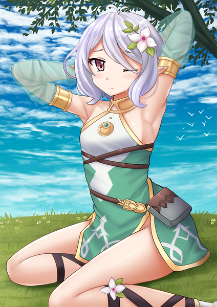 Anime picture 1200x1697 with princess connect! re:dive princess connect! kokkoro (princess connect!) kazenokaze single tall image looking at viewer blush fringe short hair light erotic sitting purple eyes bare shoulders payot sky silver hair cloud (clouds) ahoge bent knee (knees)