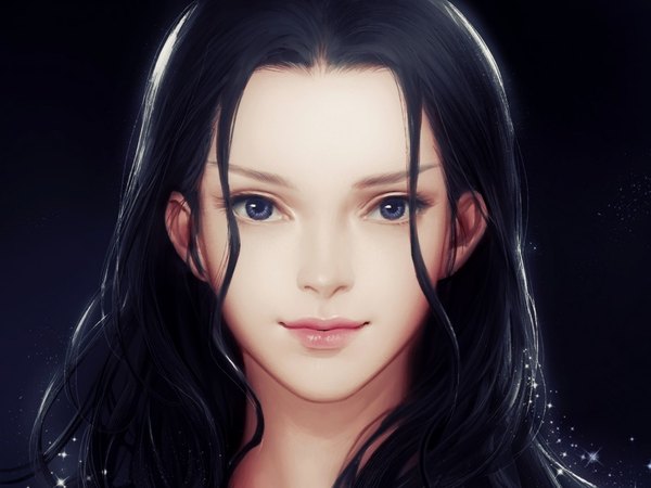 Anime picture 1000x750 with one piece toei animation nico robin shitsu soku k killer4fx single long hair looking at viewer fringe blue eyes black hair simple background smile lips realistic sparkle coloring black background portrait face
