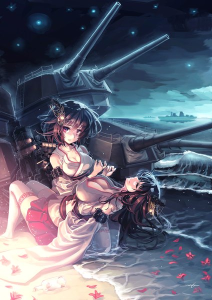 Anime picture 1424x2014 with kantai collection yamashiro battleship fusou battleship orita enpitsu long hair tall image looking at viewer short hair breasts light erotic black hair red eyes large breasts multiple girls signed eyes closed traditional clothes japanese clothes night night sky