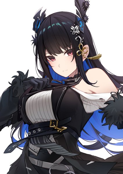 Anime picture 2480x3508 with virtual youtuber hololive hololive english nerissa ravencroft nerissa ravencroft (1st costume) erezu single long hair tall image fringe highres black hair simple background hair between eyes white background bare shoulders blue hair upper body multicolored hair horn (horns)