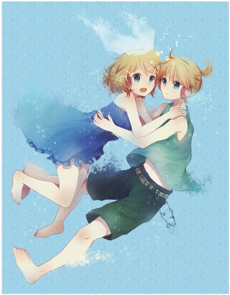 Anime picture 1457x1872 with vocaloid kagamine rin kagamine len chizu (sweet*cheese) tall image short hair open mouth blue eyes simple background blonde hair ahoge barefoot couple border blue background girl dress boy bow hair bow