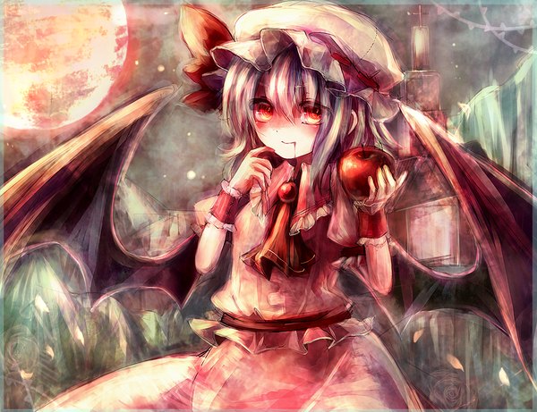 Anime picture 1300x1000 with touhou remilia scarlet maho moco red eyes bat wings girl dress hat petals wings moon cross apple