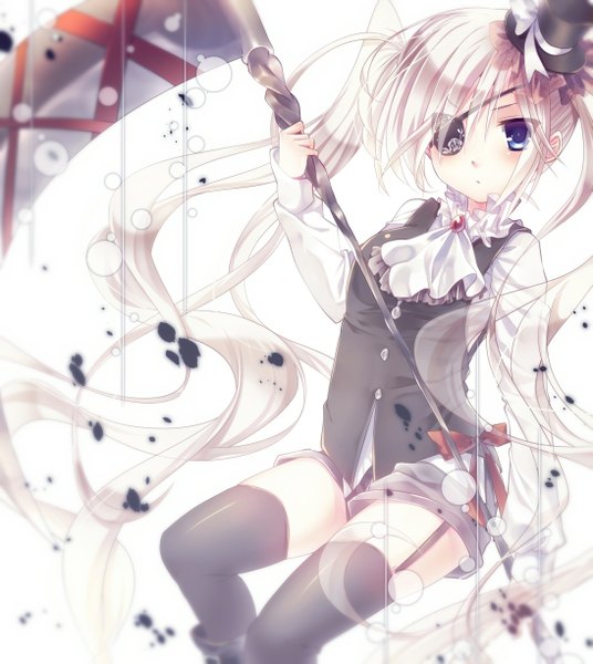 Anime picture 1093x1223 with original otogaki yoro kyoro (r y o c ovv) single long hair tall image looking at viewer blush blue eyes white background sitting white hair girl thighhighs black thighhighs hat eyepatch scythe